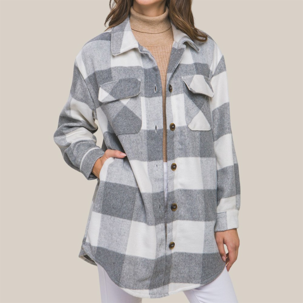 Oversized Buffalo Plaid Curved Longer Hemline Jacket