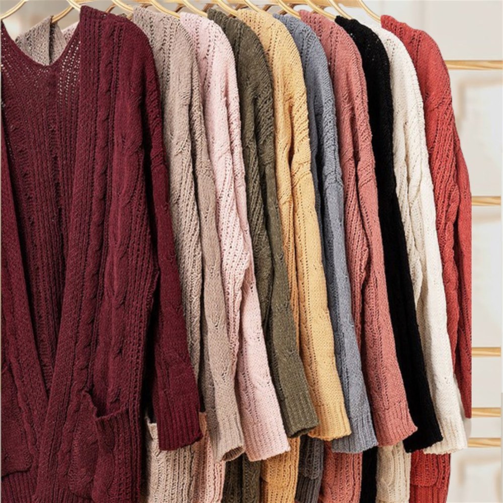 Chenille Cable Knit Ribbed Open Front Cardigan / 9 Colors