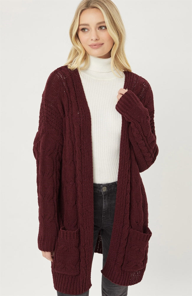 Chenille Cable Knit Ribbed Open Front Cardigan / 9 Colors