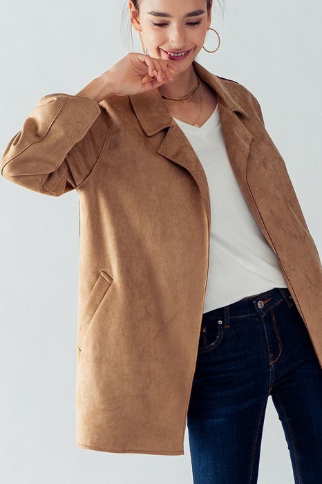 Faux Suede Easy to Wear Collared Jacket