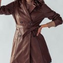 Brown Small Longer Double Breasted Faux Leather Coat