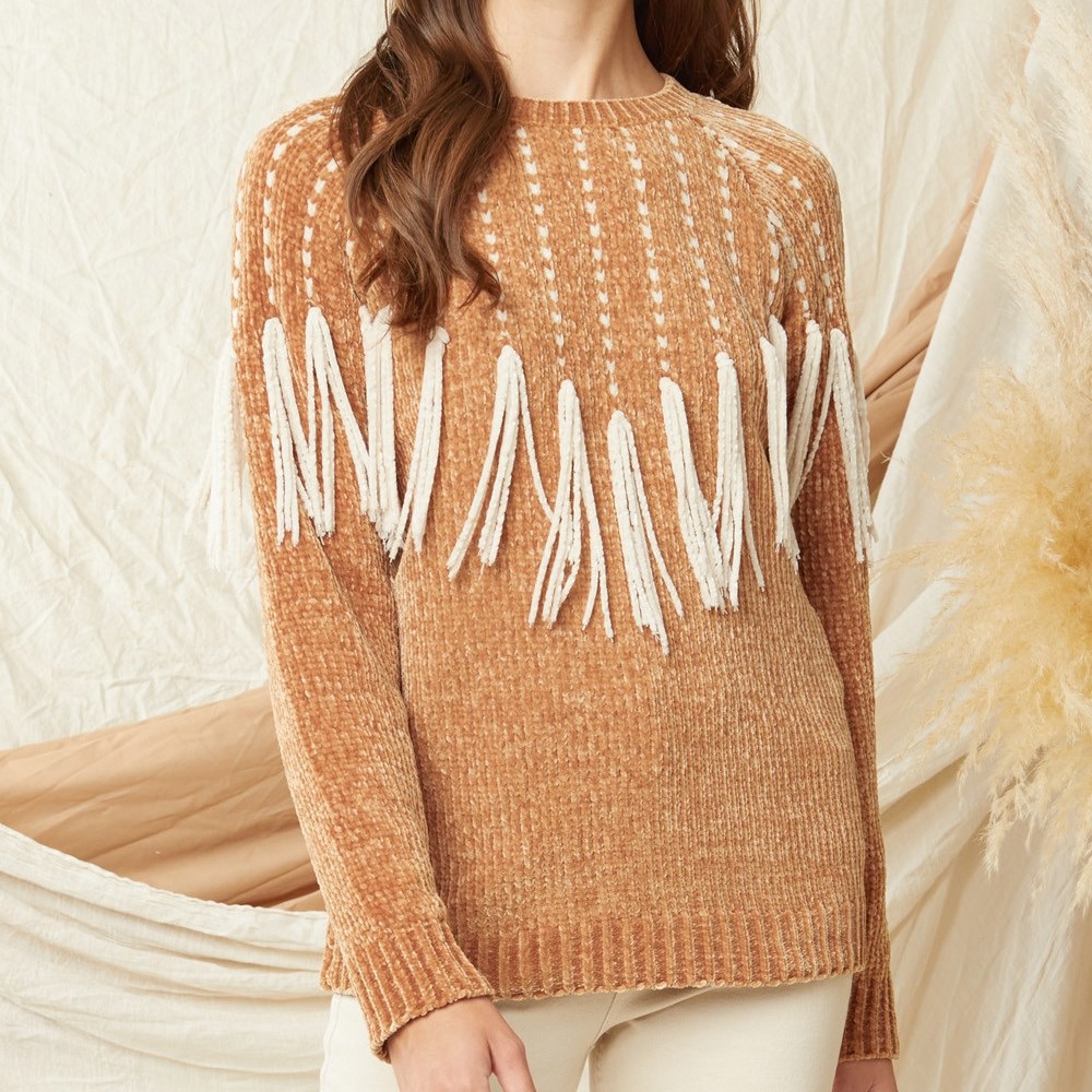 Chenille Chevron Fringe Sweater