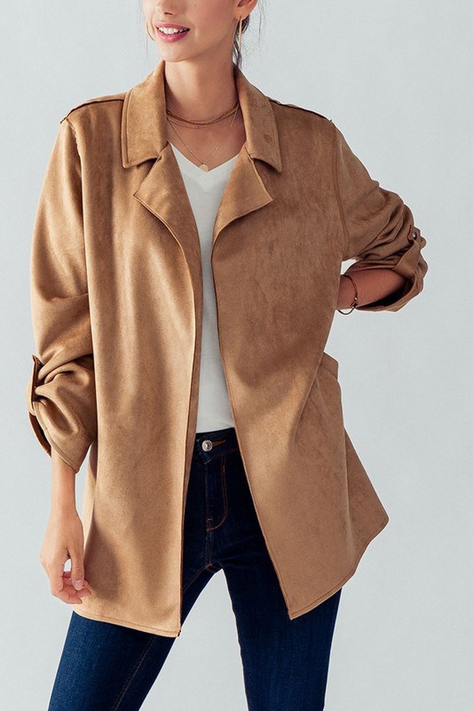 Faux Suede Easy to Wear Collared Jacket