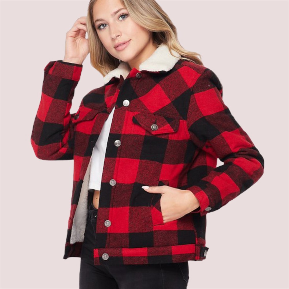 Pocketed Buffalo Plaid Sherpa Fur Lined Jacket