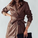 Brown Medium Longer Double Breasted Faux Leather Coat