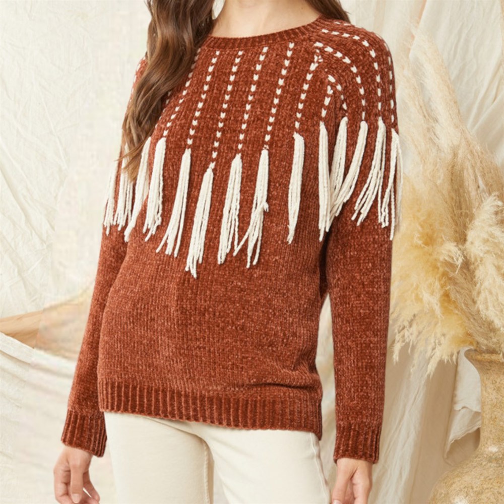 Chenille Chevron Fringe Sweater