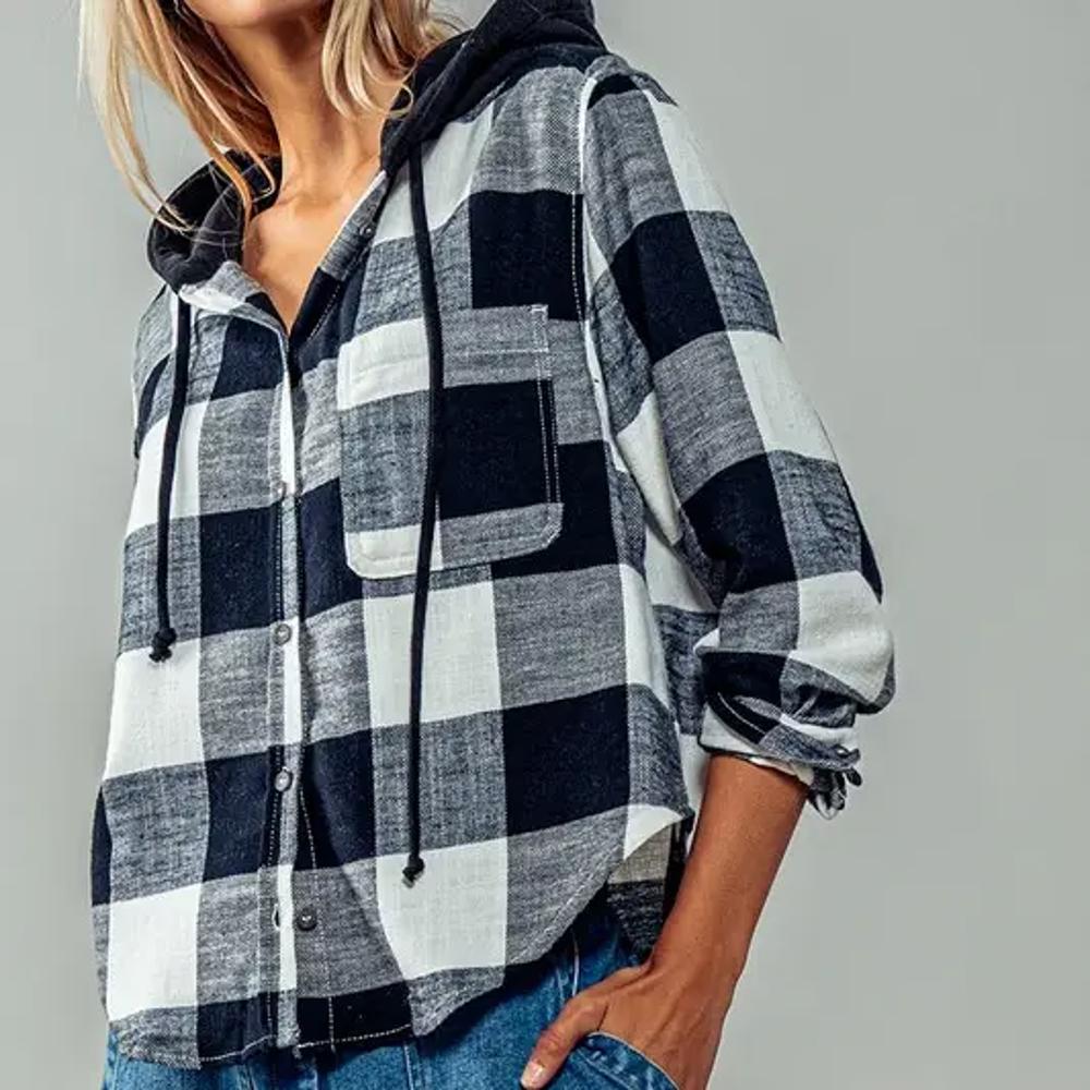 Hooded Button Down Buffalo Plaid Flannel Shirt