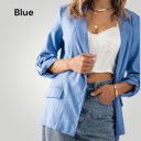 Blue Small Linen Open Front Roll Tab Sleeve Blazer