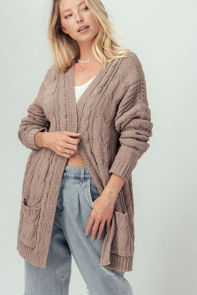 Chenille Cable Knit Ribbed Open Front Cardigan / 9 Colors