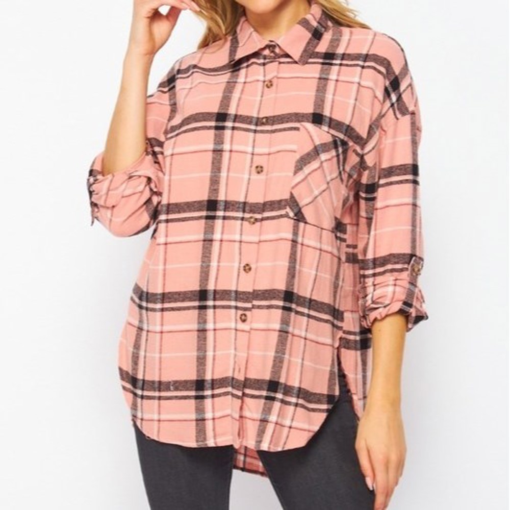 Cotton Button Down Flannel Plaid Top