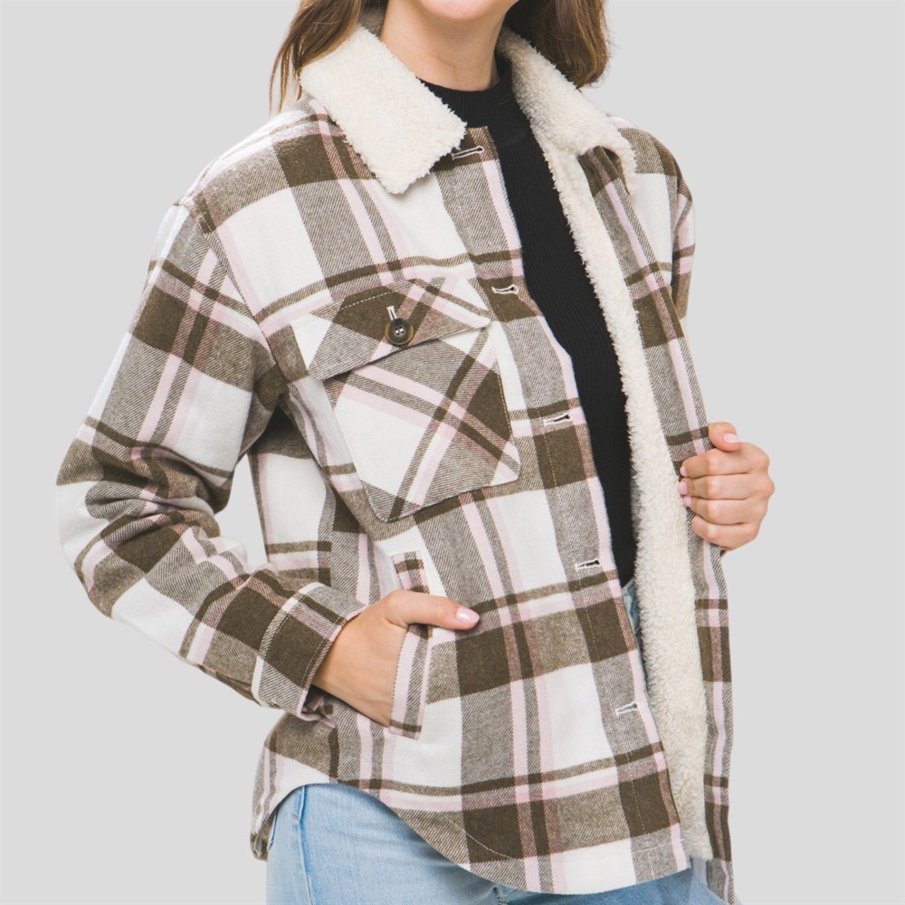 Contrast Sherpa Trim Collared Plaid Flannel  Shacket