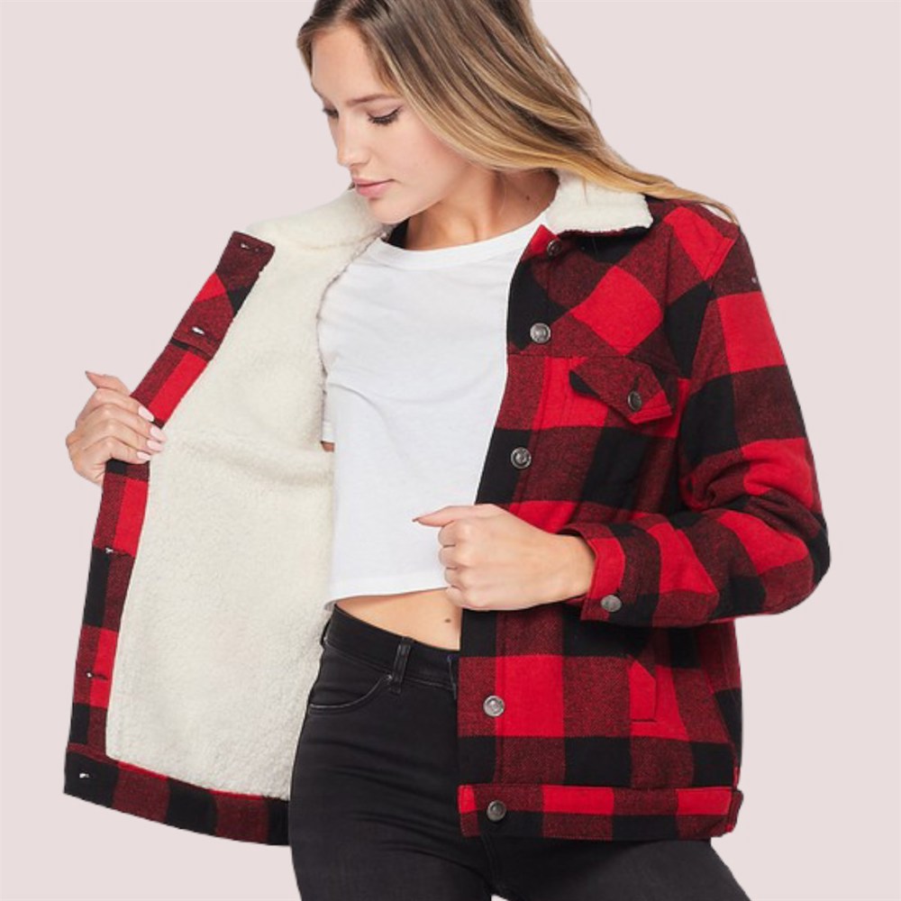 Pocketed Buffalo Plaid Sherpa Fur Lined Jacket