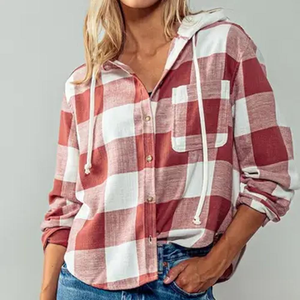 Hooded Button Down Buffalo Plaid Flannel Shirt