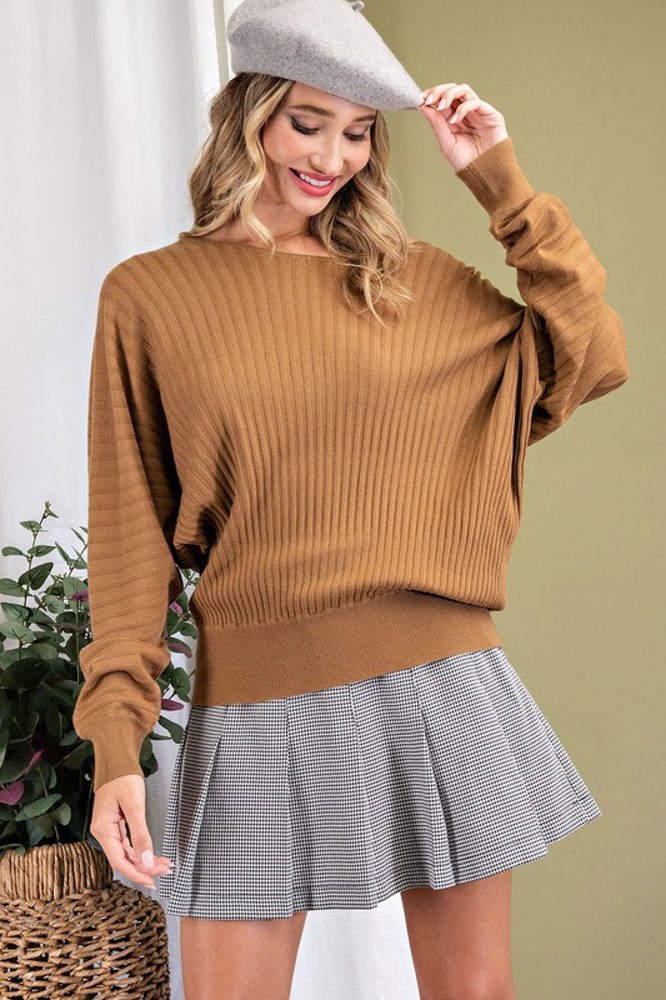 Boat Neck Ribbed Knit Sweater