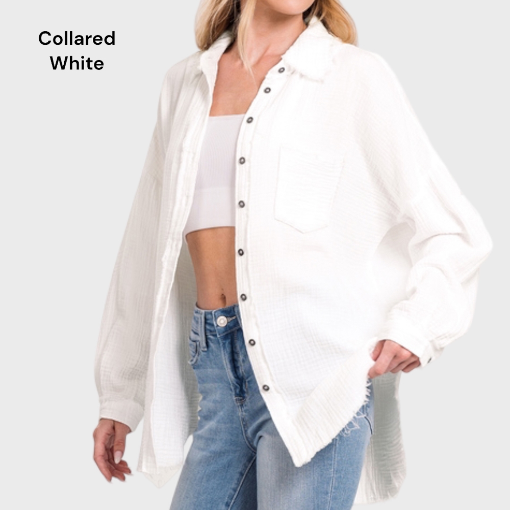 Collared Oversized Frayed Raw Cut Hem Gauze Shirt