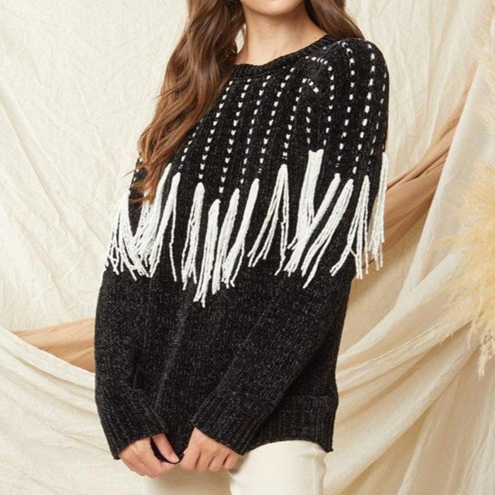 Chenille Chevron Fringe Sweater