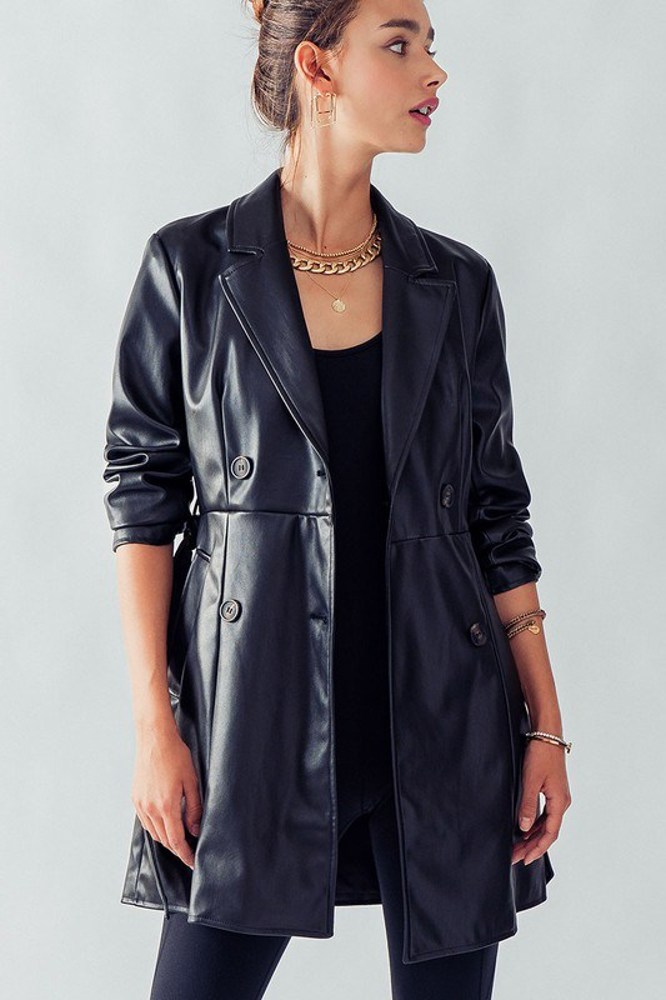 Longer Double Breasted Faux Leather Coat