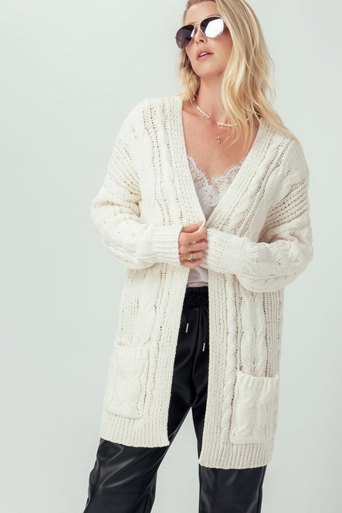 Chenille Cable Knit Ribbed Open Front Cardigan / 9 Colors