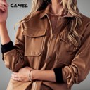 Camel Small Faux Leather Snap Button Shirt