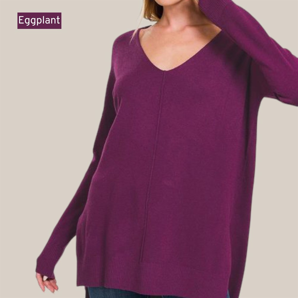 Relaxed Fit V Neck Hi-Lo Sweater