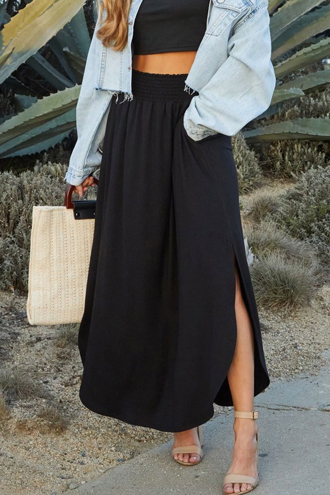 Rounded Hem Smocked Waist Maxi Skirt