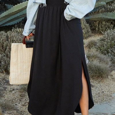 Rounded Hem Smocked Waist Maxi Skirt