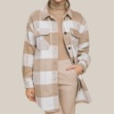 Khaki Small Oversized Buffalo Plaid Curved Longer Hemline Jacket