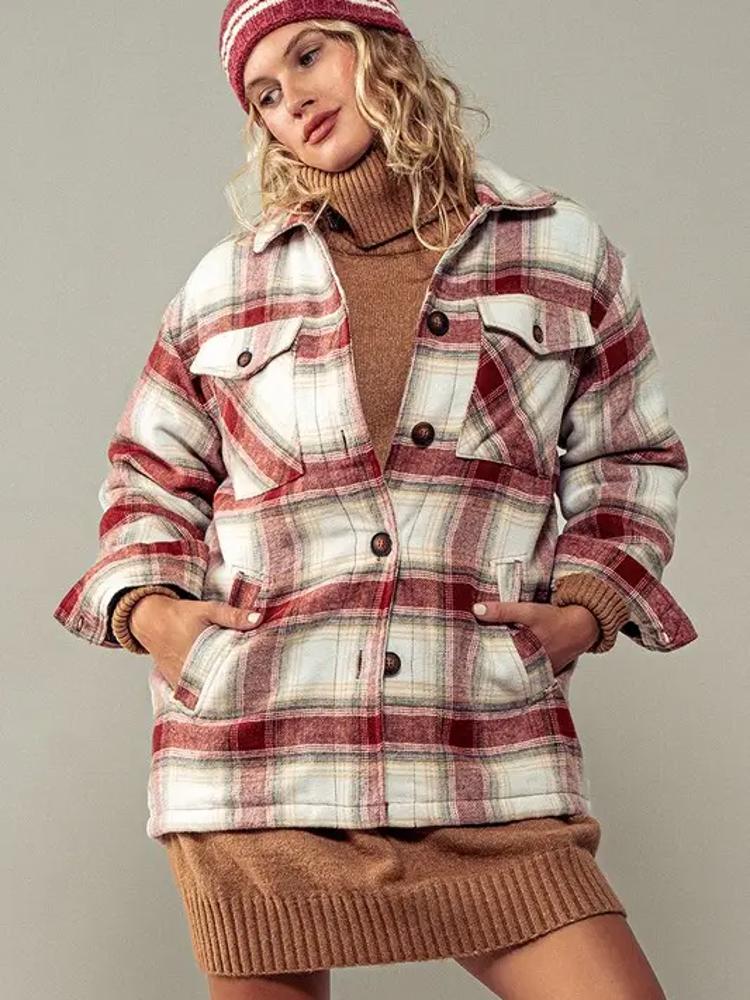 Checkered Sherpa-Lined Oversized Buttoned Jacket