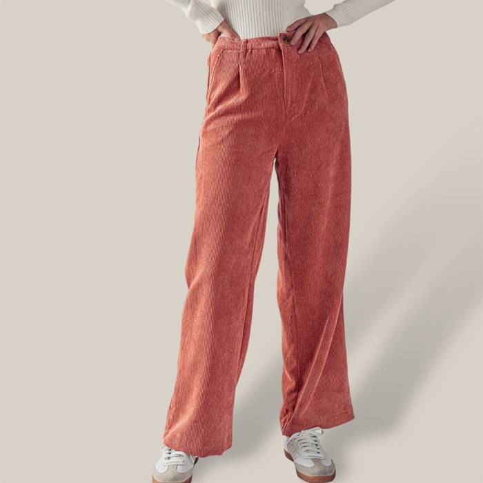 Corduroy Elastic Back Button Front Zip-Up Pants