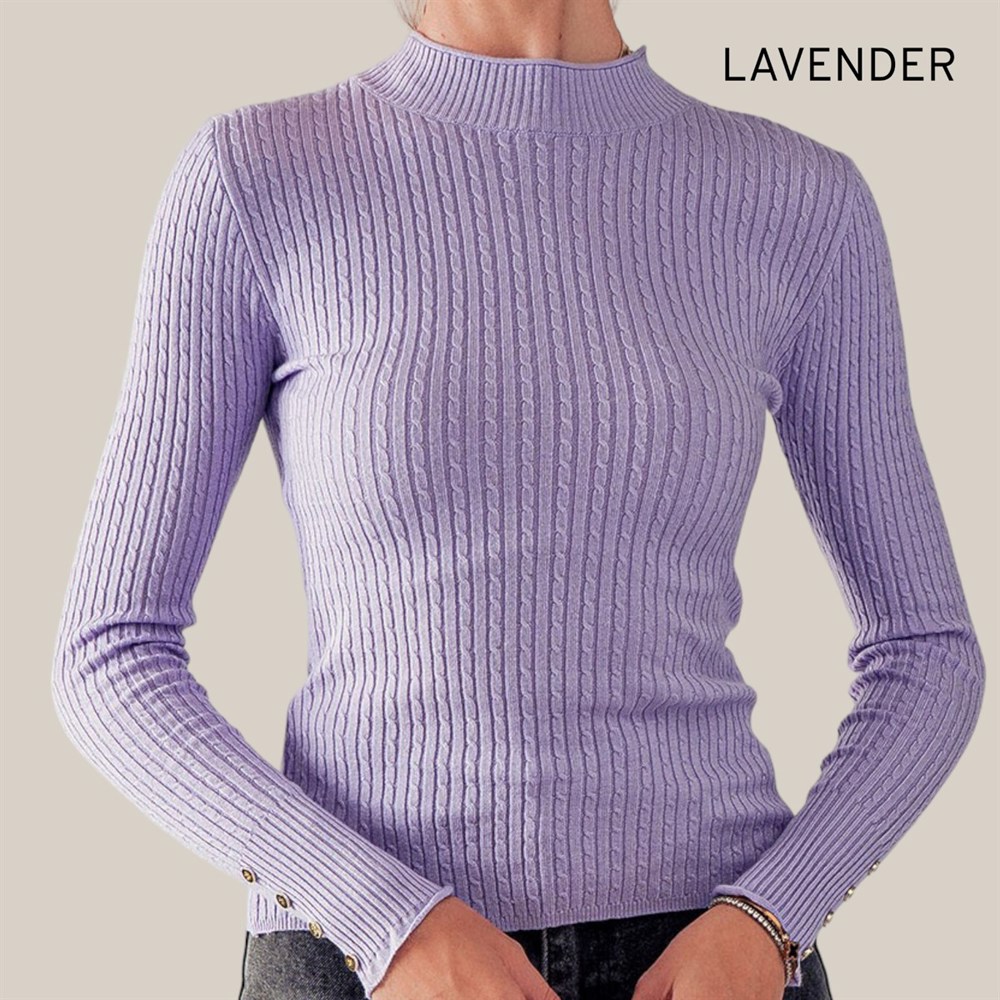 Fitted Ribbed Cable Knit Button Sleeve Sweater