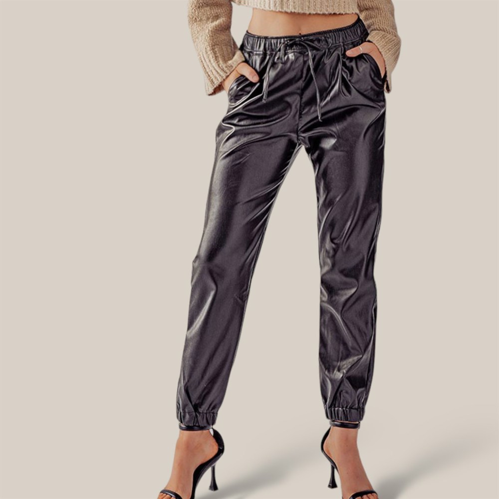 Faux Leather High Waist Jogger with Elastic Waist