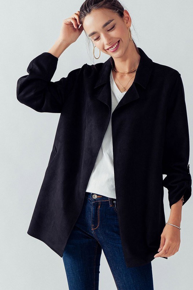 Faux Suede Easy to Wear Collared Jacket