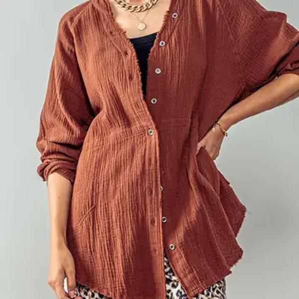 Oversized Raw Edge Frayed Hem Button Down Gauze Shirt