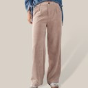 Khaki Small Corduroy Elastic Back Button Front Zip-Up Pants