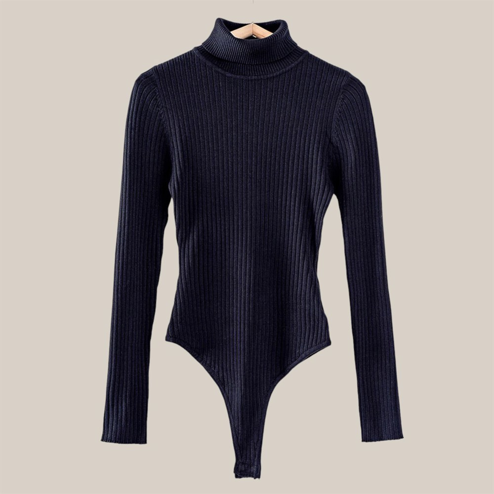 Rib Sweater Knit Turtle Neck Bodysuit / S-XL