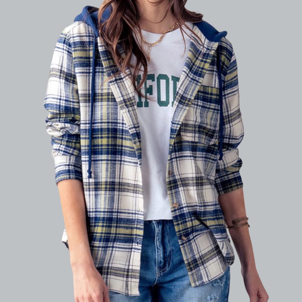 Pocketed Plaid Hooded Shirt