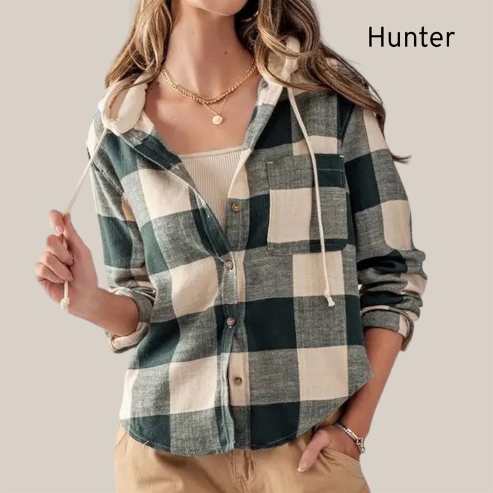 Hooded Button Down Buffalo Plaid Flannel Shirt