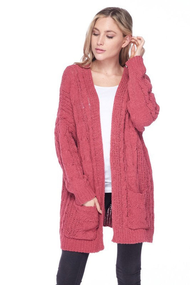 Chenille Cable Knit Ribbed Open Front Cardigan / 9 Colors