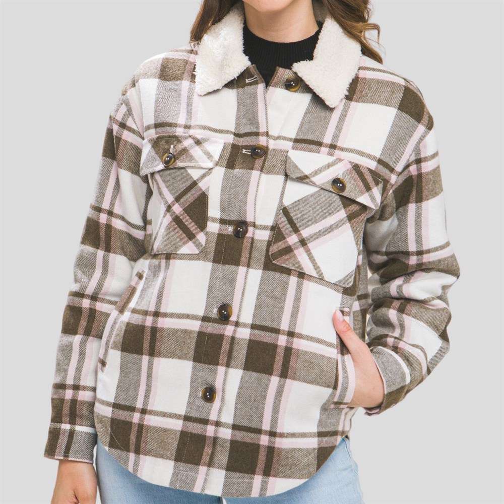 Contrast Sherpa Trim Collared Plaid Flannel  Shacket