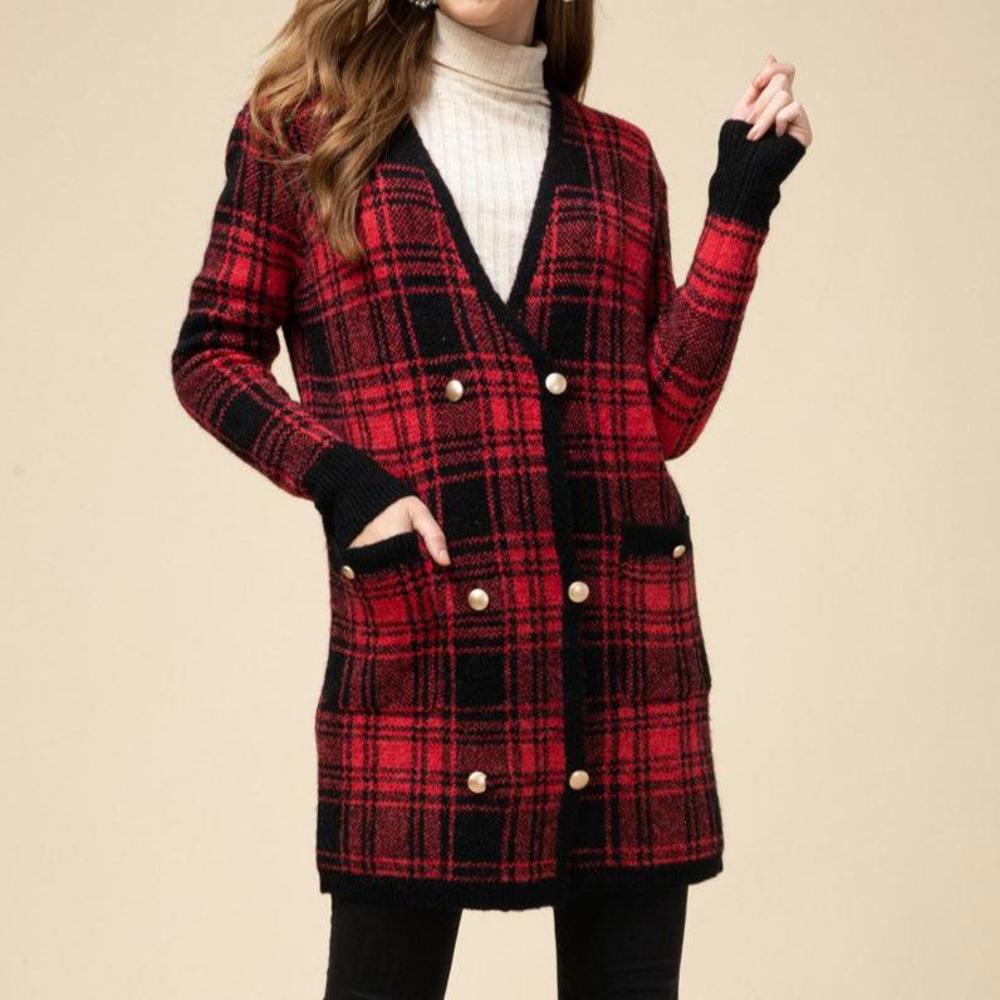 Plaid Double Button Sweater Coat