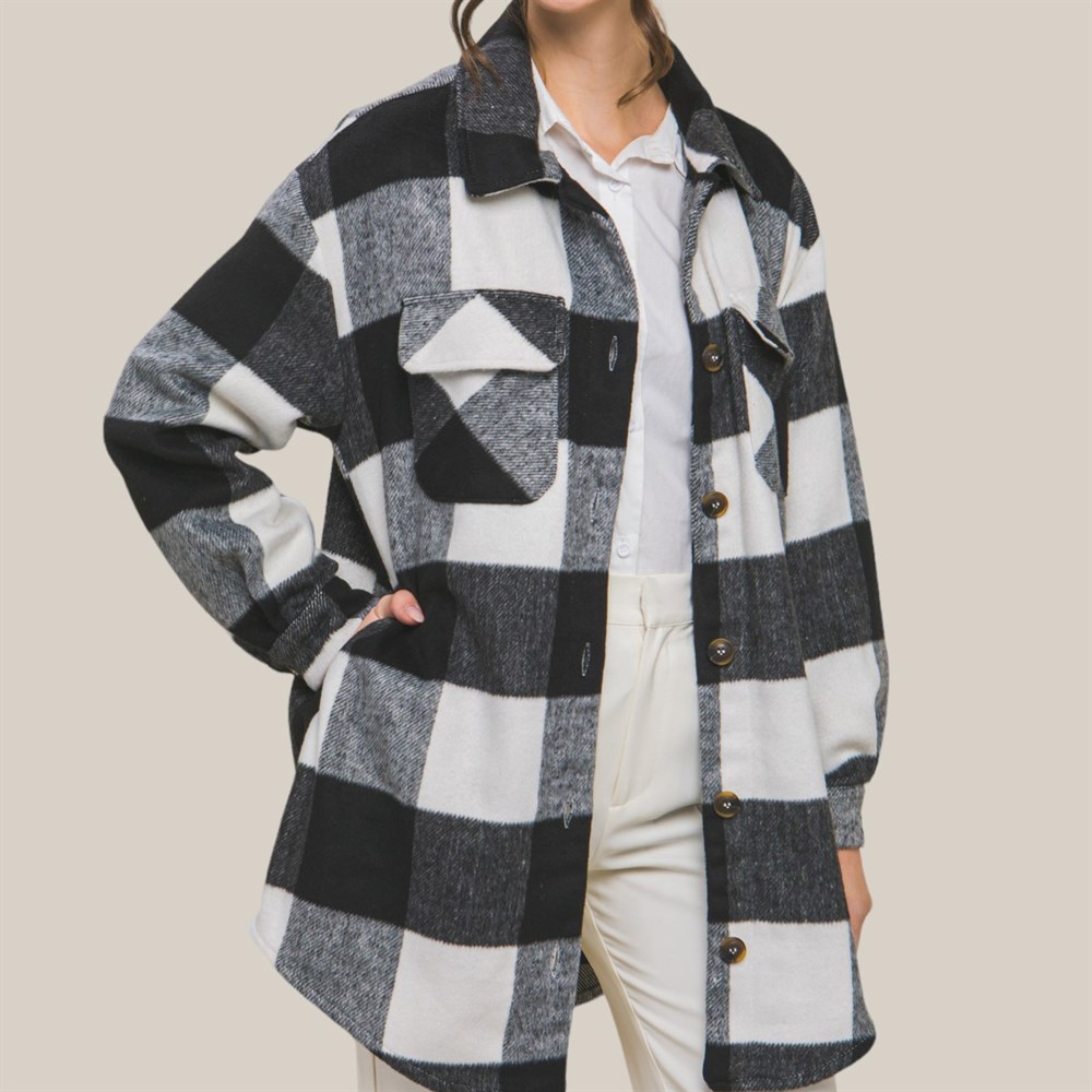 Oversized Buffalo Plaid Curved Longer Hemline Jacket