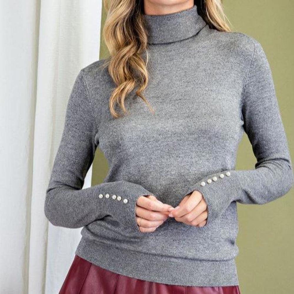 Embellished Button Detail Turtleneck Sweater