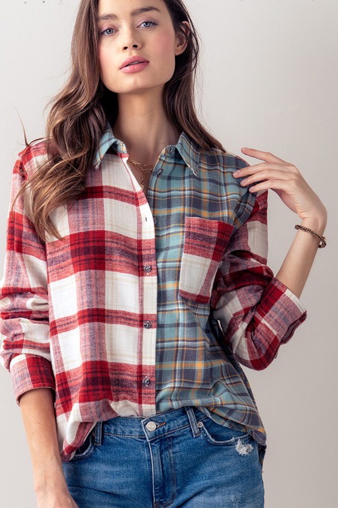 Plaid Contrast Print Button Down Shirt