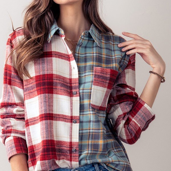 Plaid Contrast Print Button Down Shirt