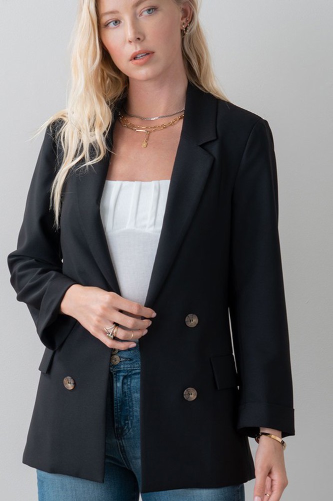 Open Front Double Breast Button Detail Pocketed Blazer