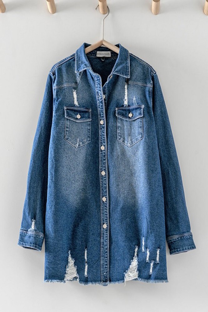 Distressed Denim Button Up Shirt Jacket