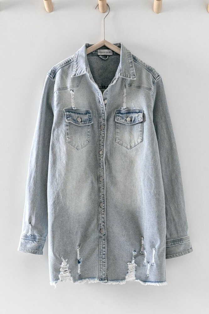 Distressed Denim Button Up Shirt Jacket