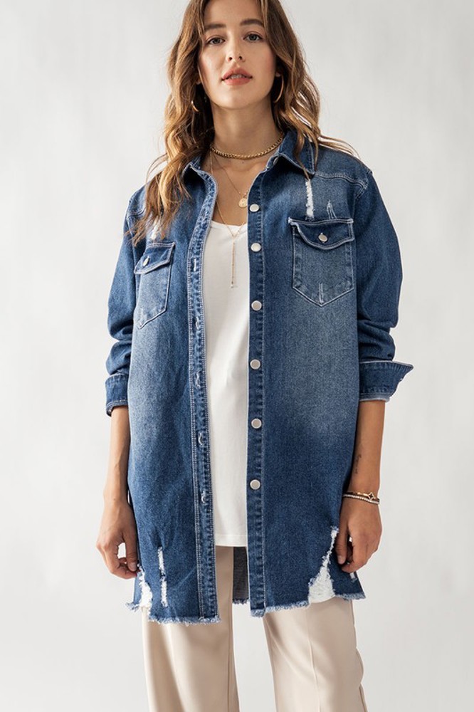 Distressed Denim Button Up Shirt Jacket