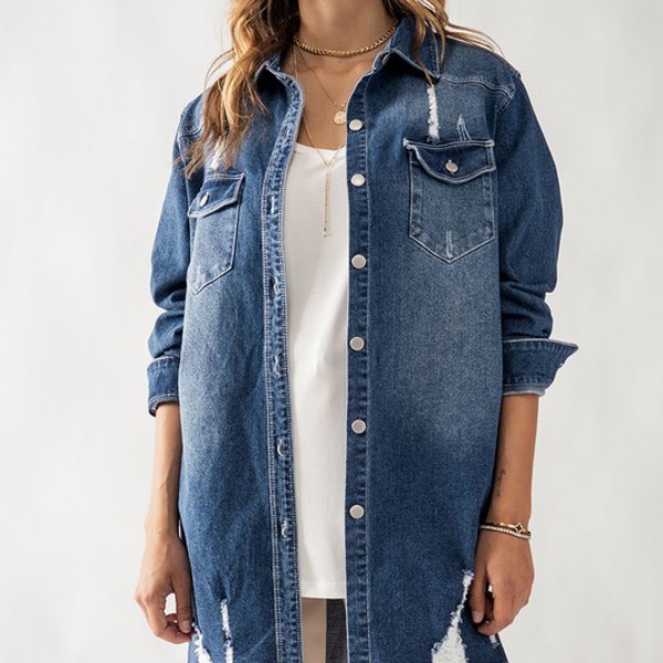 Distressed Denim Button Up Shirt Jacket