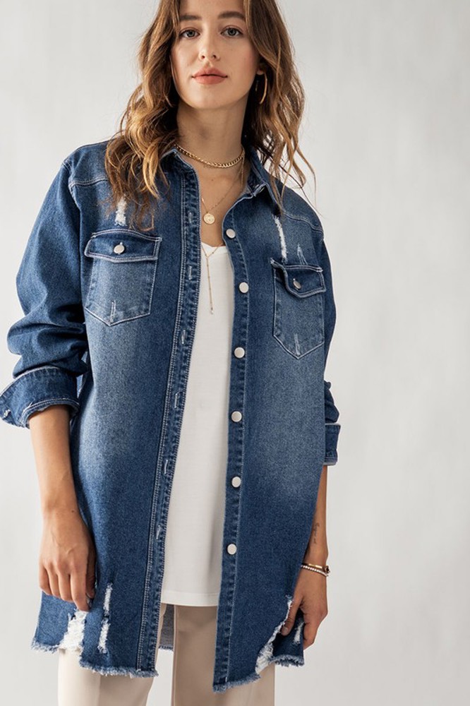 Distressed Denim Button Up Shirt Jacket